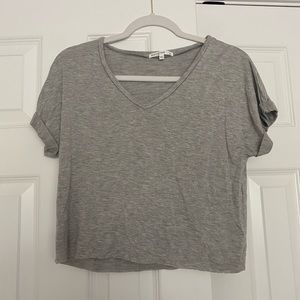 Antistar Cropped Gray V-Neck Shirt with Short Cuffed Sleeves